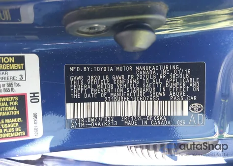 2016 Toyota Corolla S Plus z USA, uszkodzony, nr VIN 2T1BURHE1GC607655